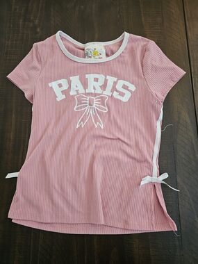Girls Pink 'Paris' Ribbed Tee with Side Bows